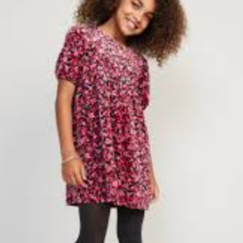 Old Navy Girl's Size XS 5 Puff Sleeve Dress Velour Cozy Black Red Pink